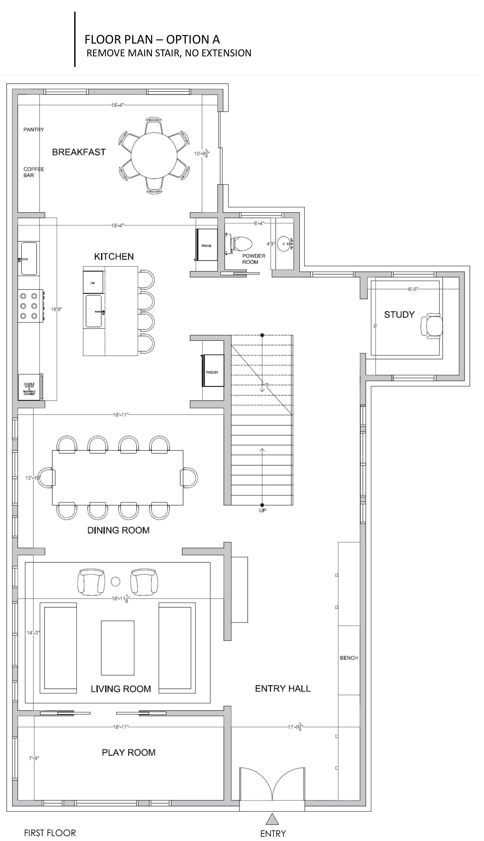 Floor plan Option A — remove main stair, no extension