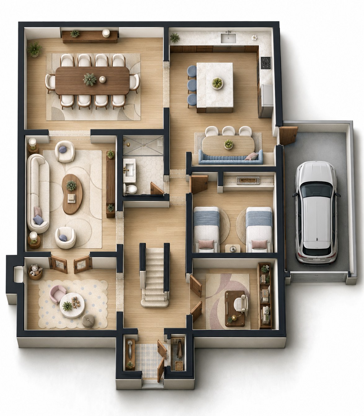 Rendered first-floor plan with dining room, kitchen with island, living room, playroom and guest bedroom