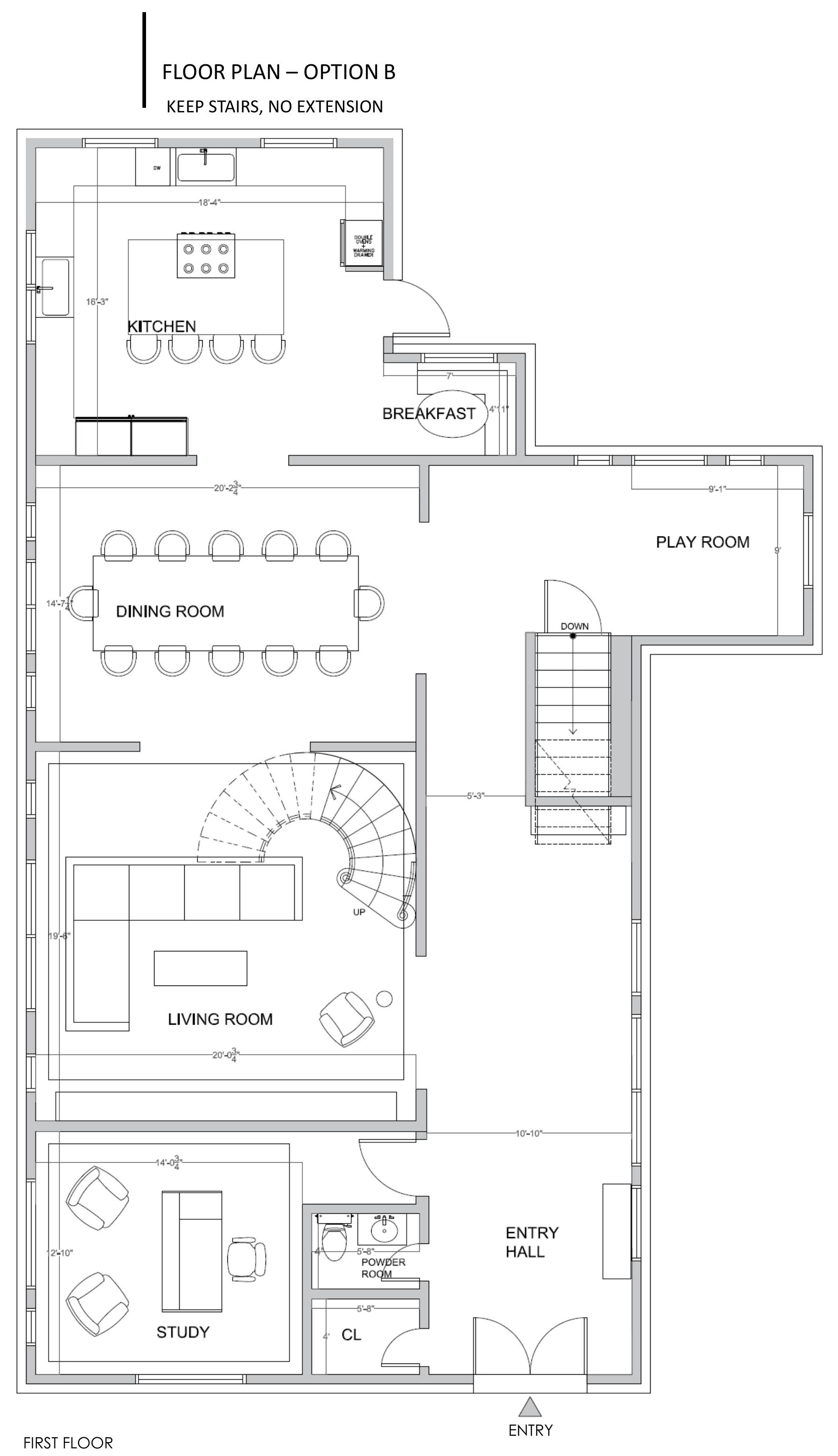 Floor plan Option B — keep main stair, no extension