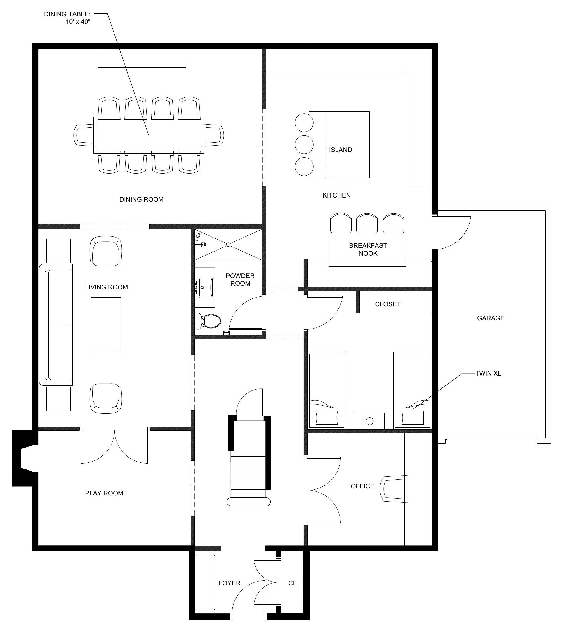 Option B first-floor plan — dining and kitchen across the back, separate office and bedroom