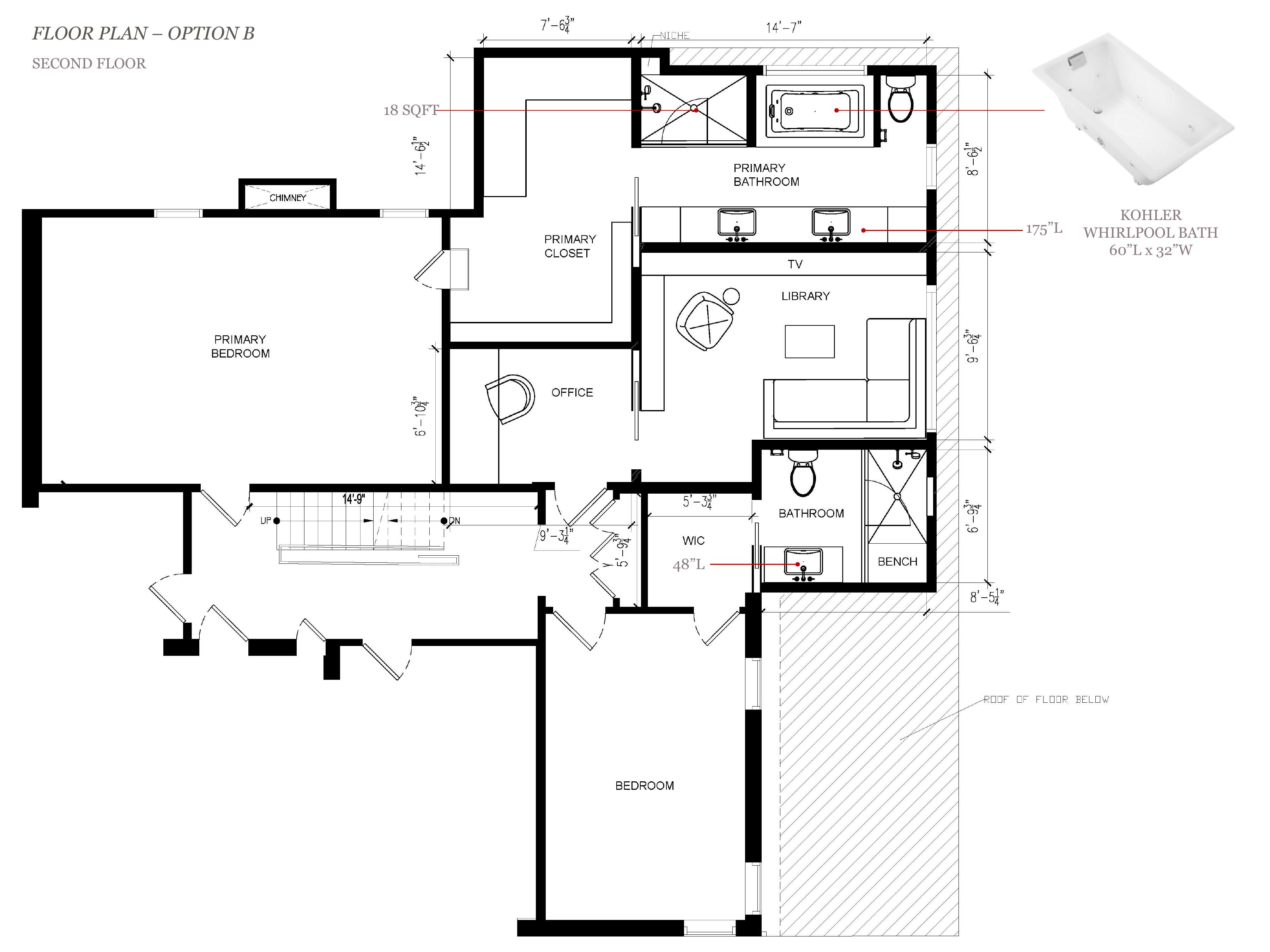 Option B second-floor plan — alternate bath and closet arrangement