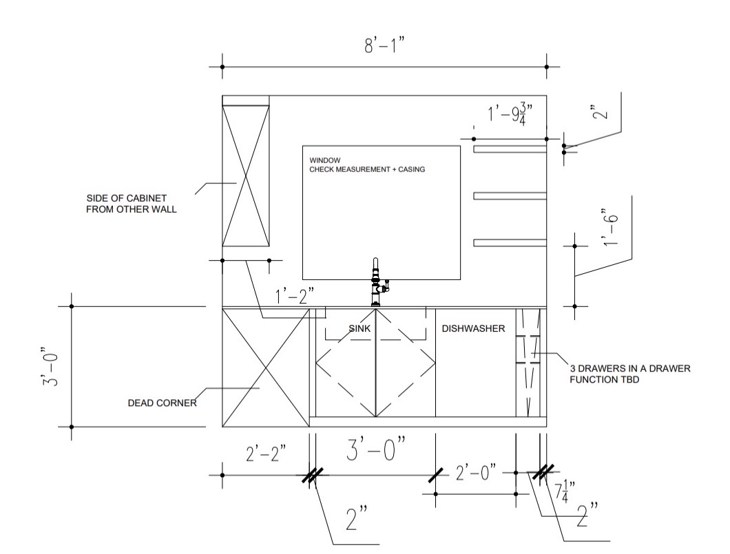 Elevation of the sink wall — window with floating shelves, sink, dishwasher and dead corner