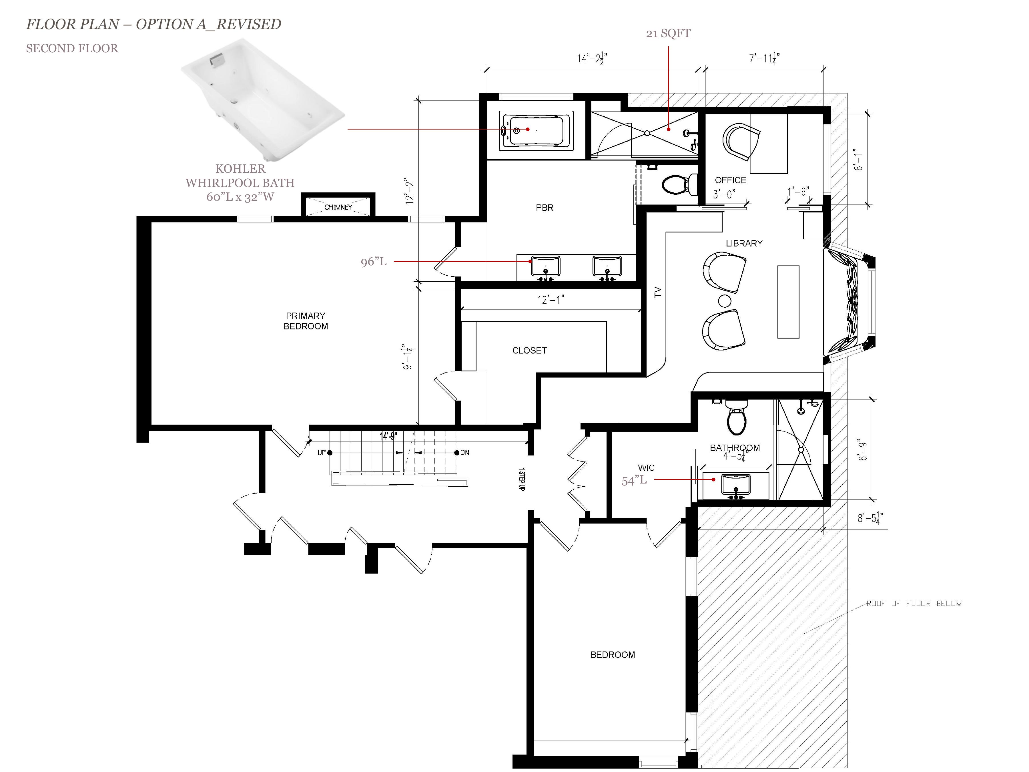 Revised Option A second-floor plan showing enlarged primary bath, new closet and ensuite bedroom