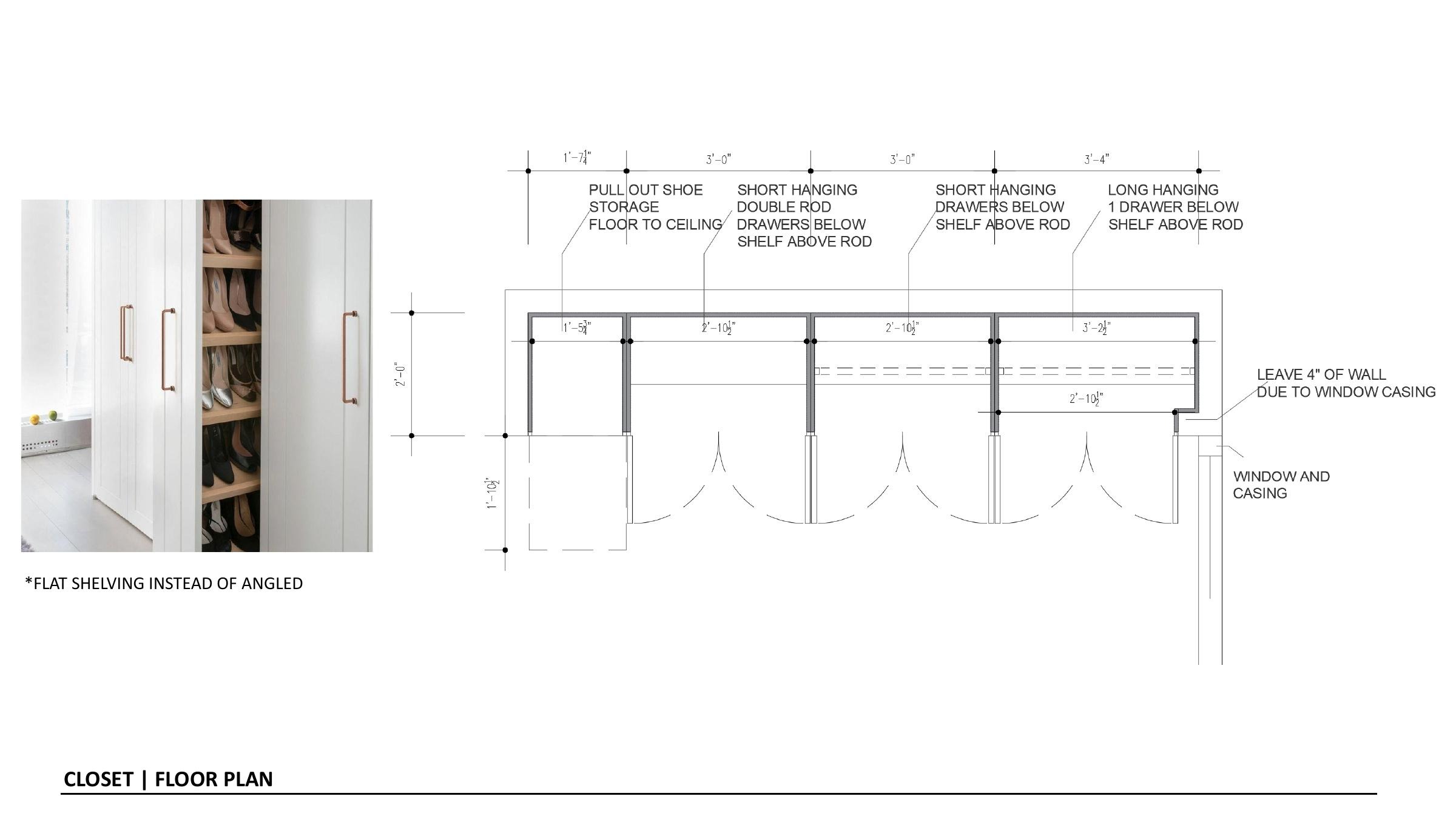 Floor plan drawing with dimensioned bays for shoe storage, short hanging, long hanging