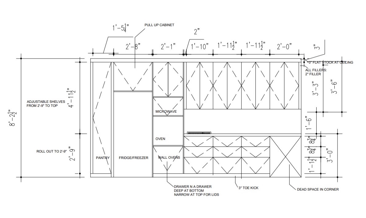 Elevation of the pantry wall — pantry, fridge/freezer, wall ovens and drawer bank