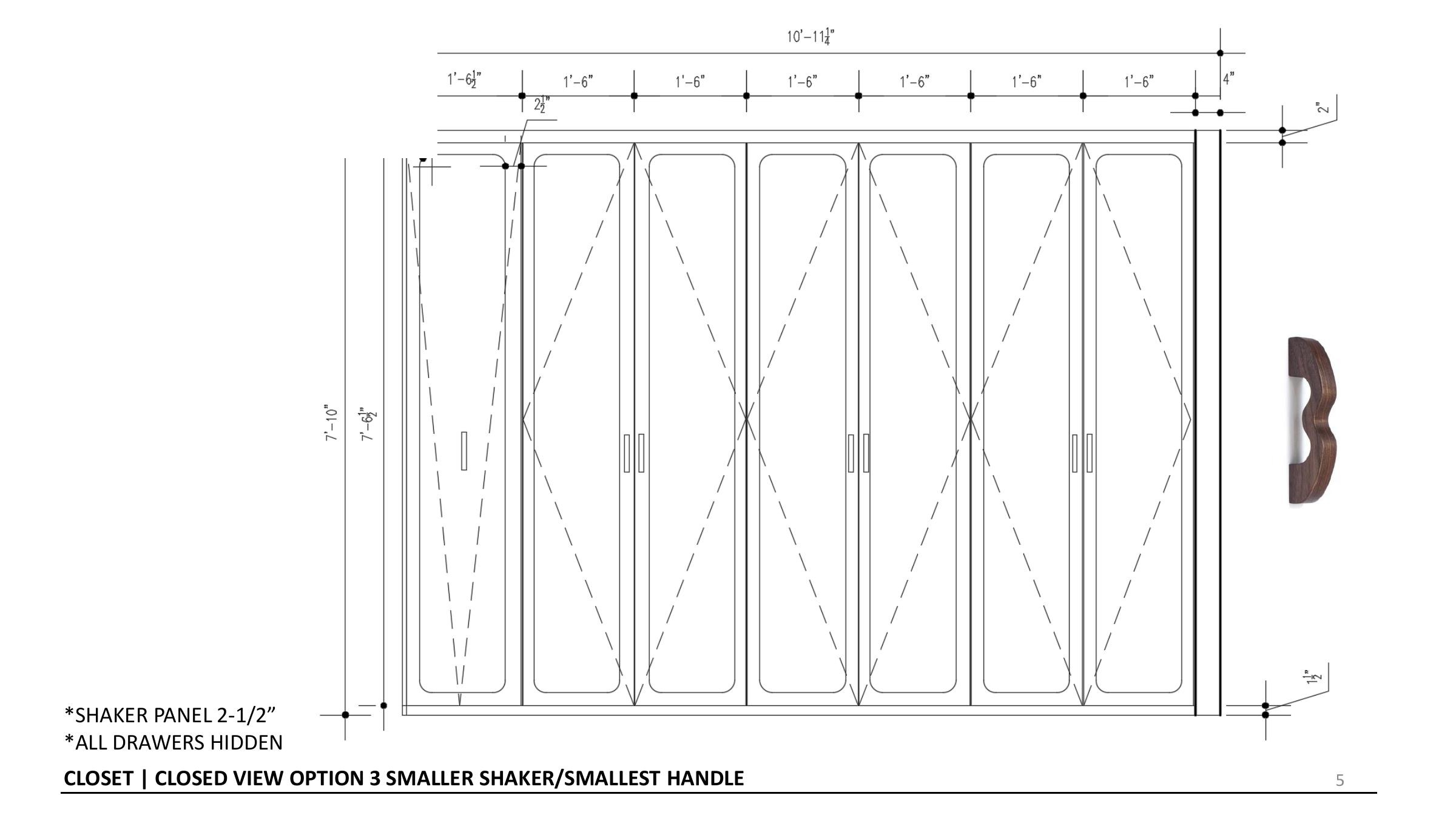 Closed elevation showing shaker door layout and walnut wavy handle detail