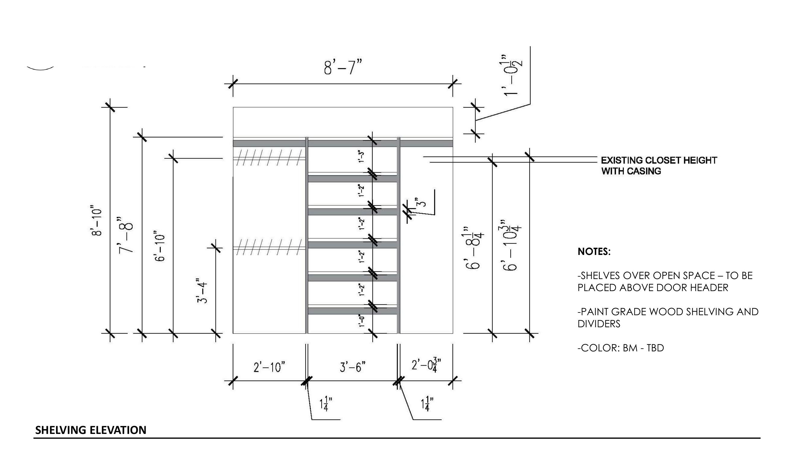 Shelving elevation — dimensioned shelves and hanging rods for entry closet