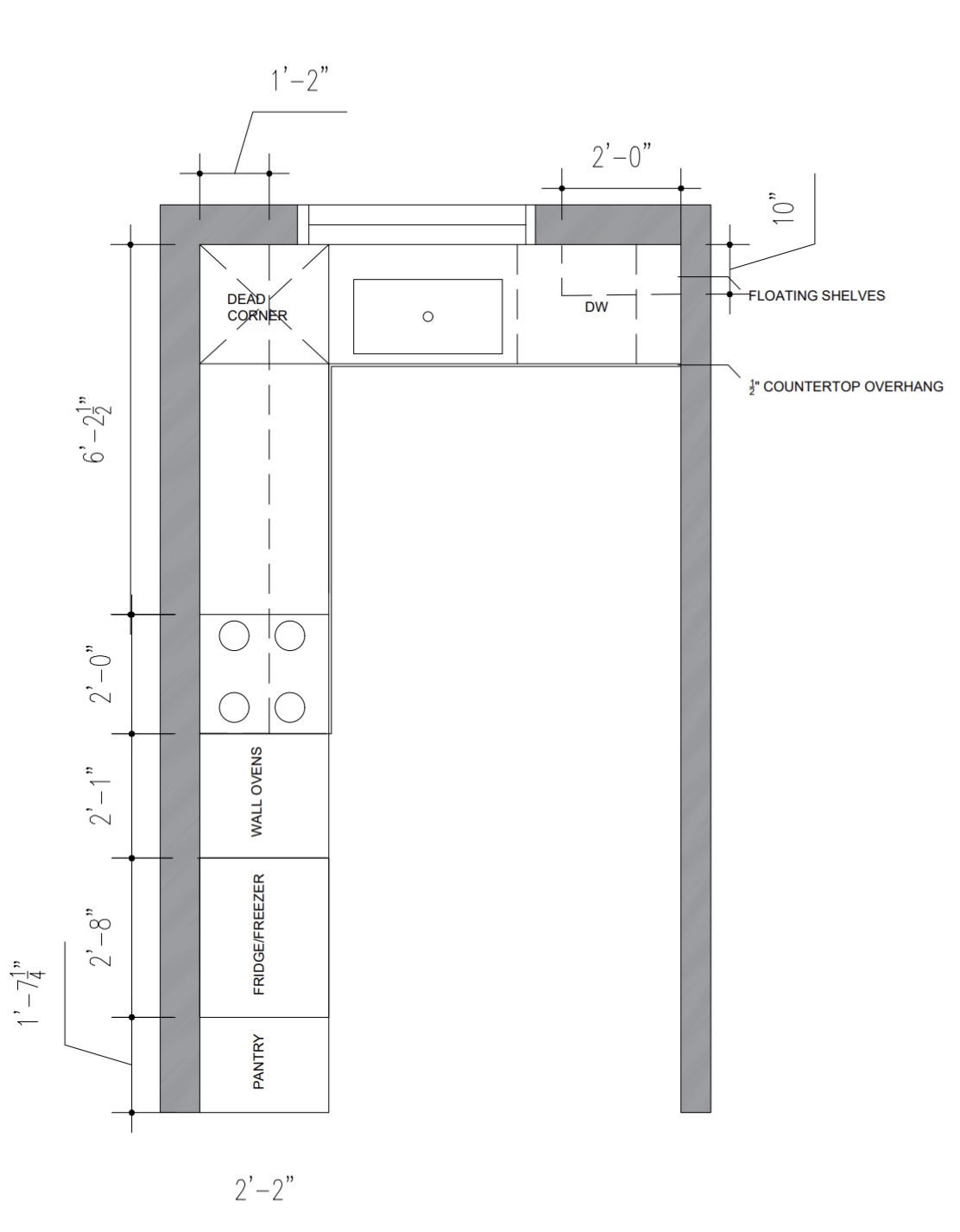 Proposed kitchen floor plan — U layout with pantry wall, wall ovens and floating shelves