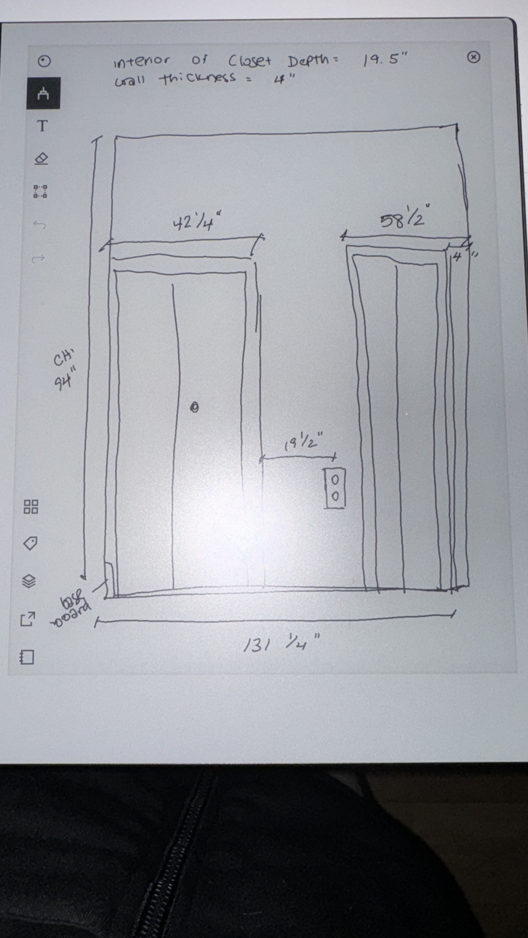 Hand-drawn site measure sketch with wall dimensions and door openings