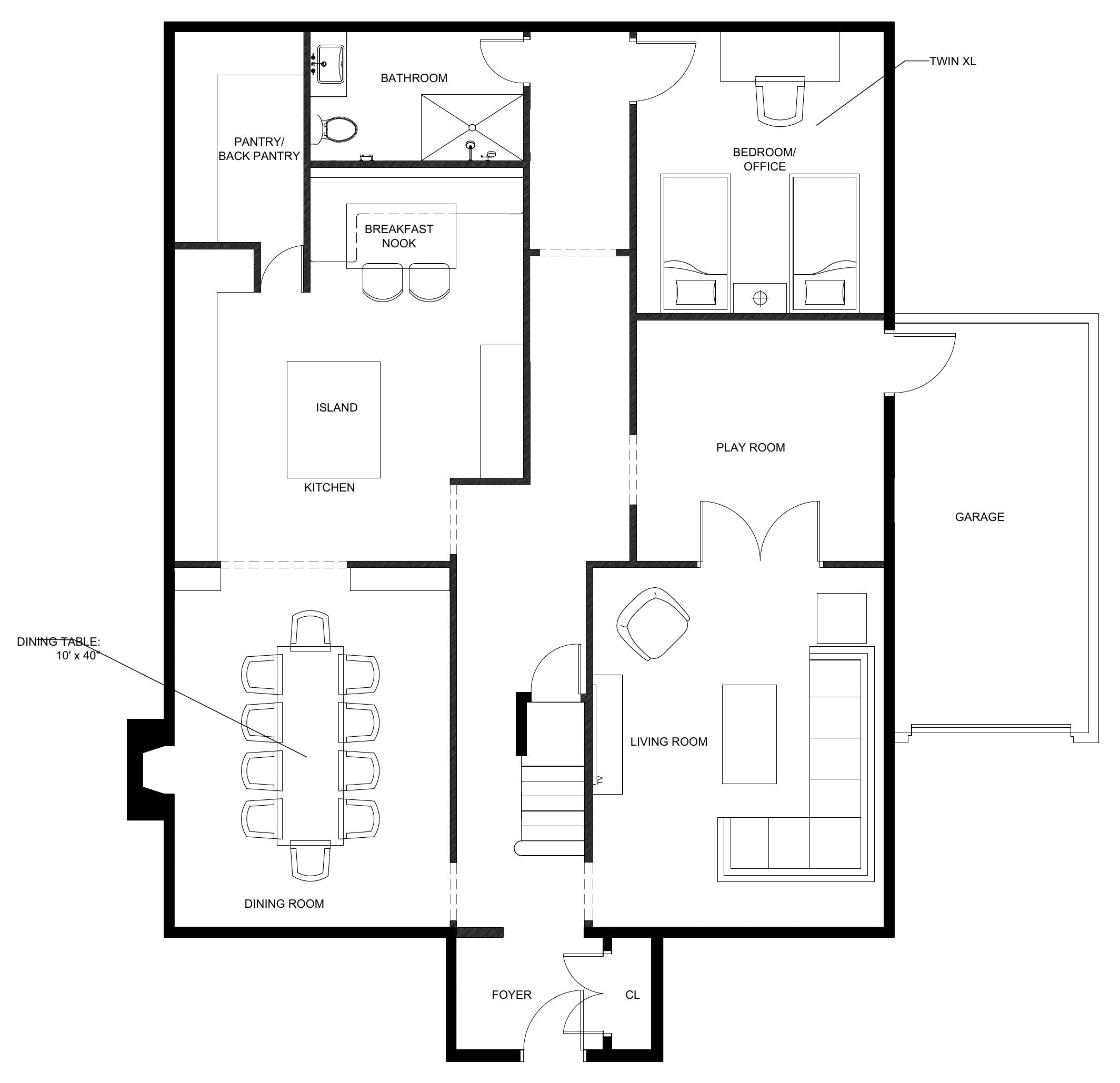 Option A first-floor plan — kitchen and pantry at the back, bedroom/office, playroom off the living room