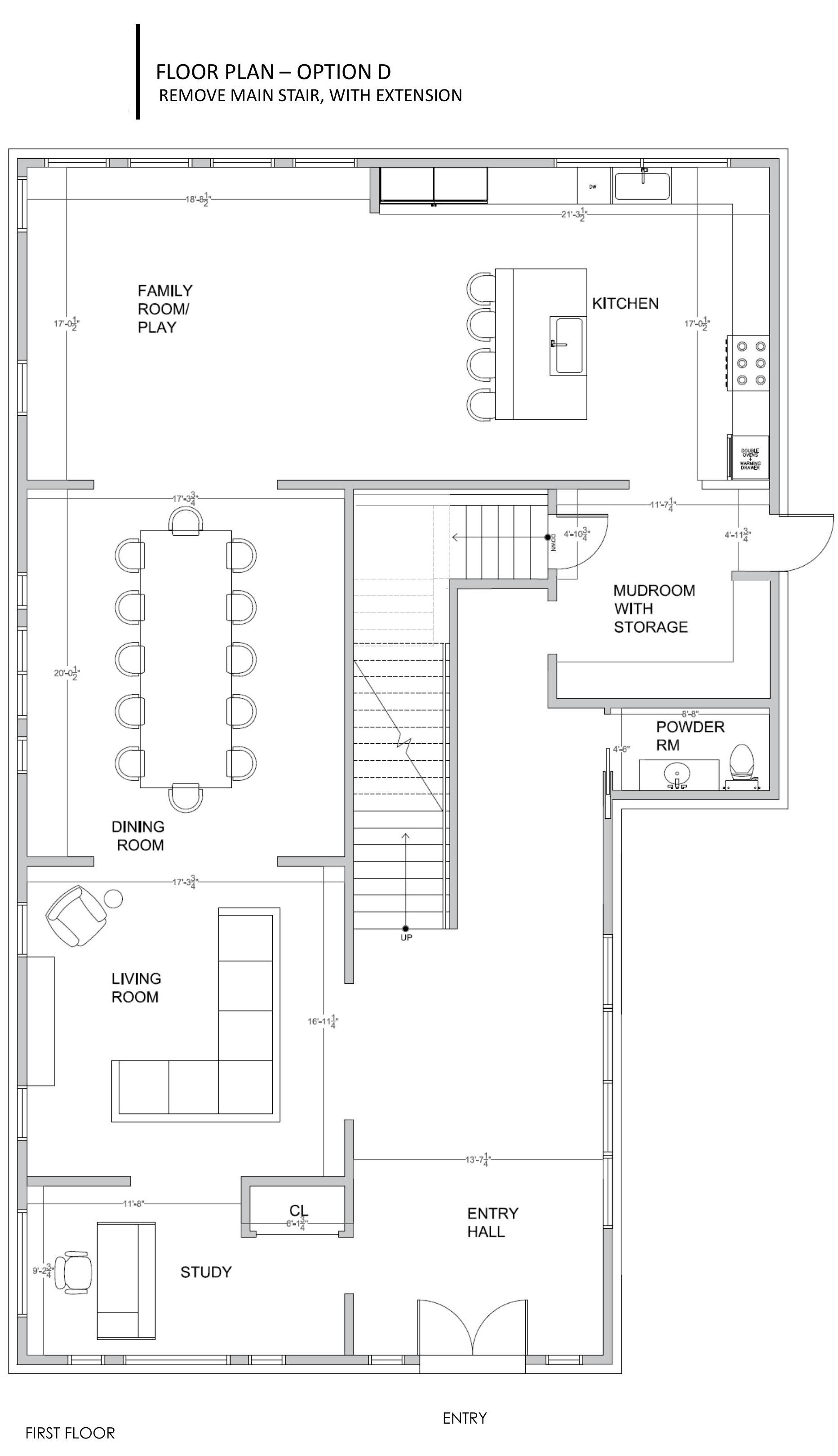 Floor plan Option D — remove main stair, with rear extension