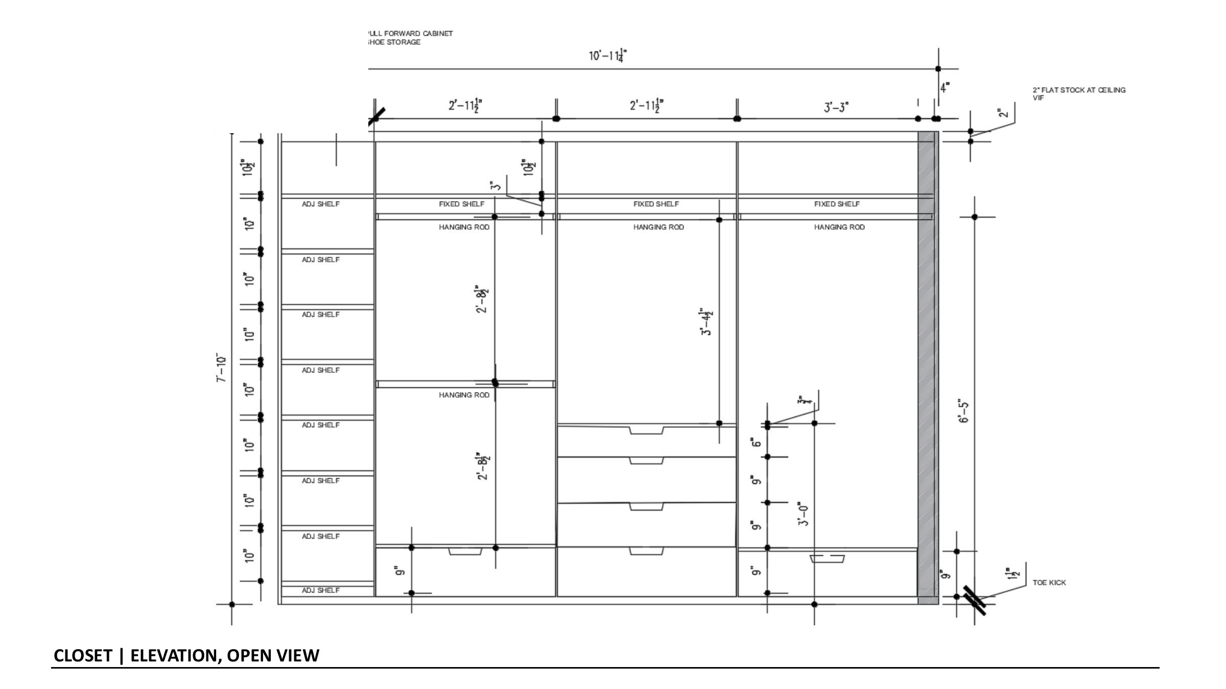 Interior elevation with adjustable shelves, hanging rods, drawers, and toe kick dimensions
