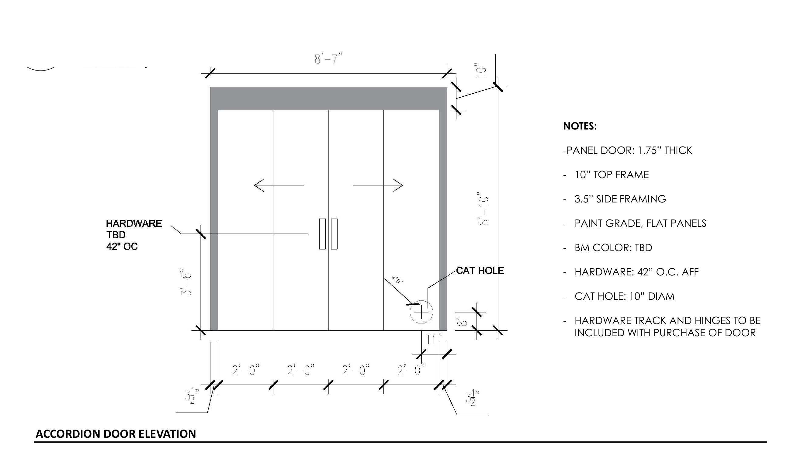 Accordion door elevation with 10-inch cat hole detail in the bottom right panel