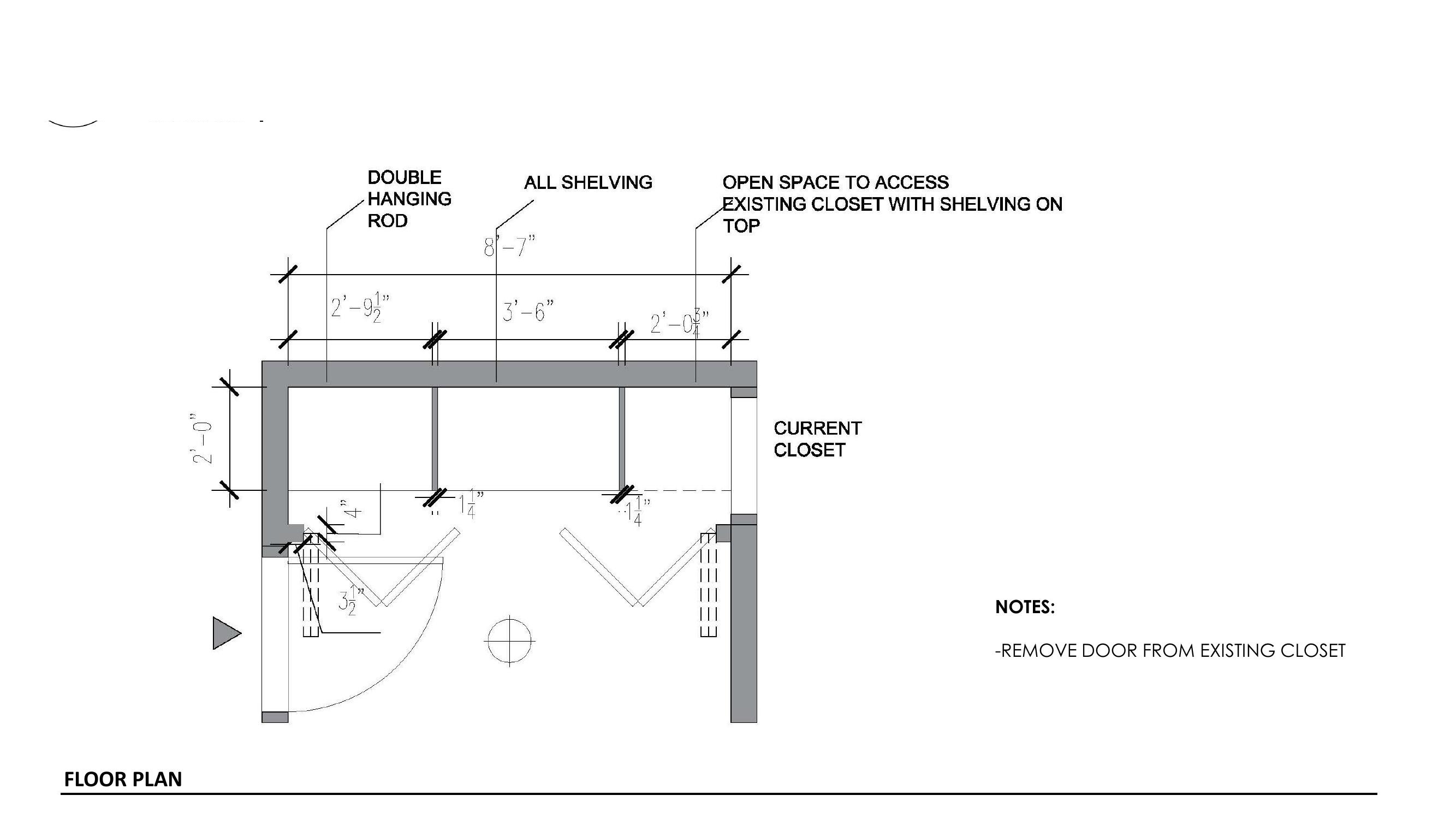 Floor plan — entry closet with double hanging rod, open shelving, and passage to existing closet