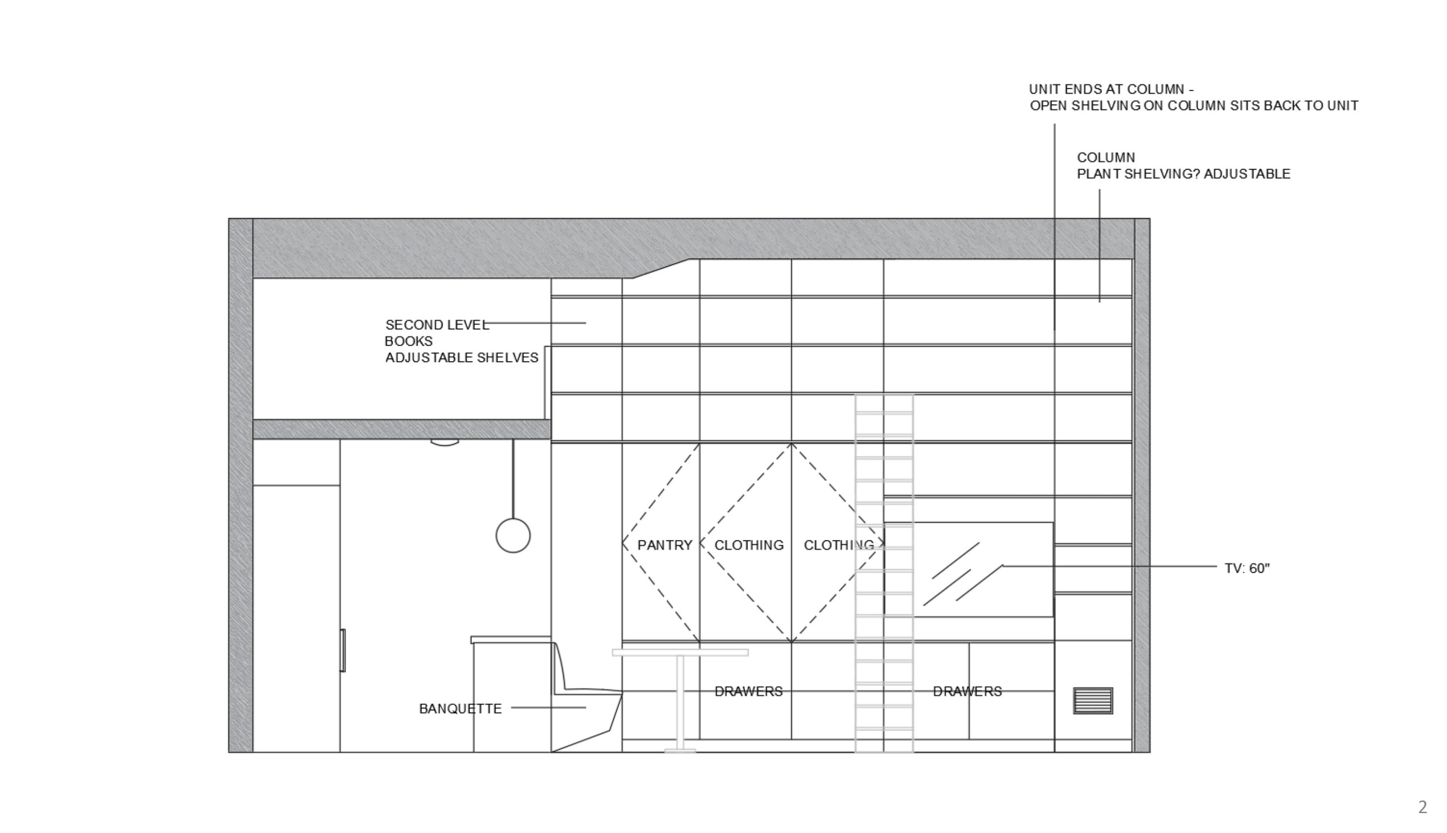 Schematic A elevation showing early millwork layout with mezzanine, pantry, clothing and TV