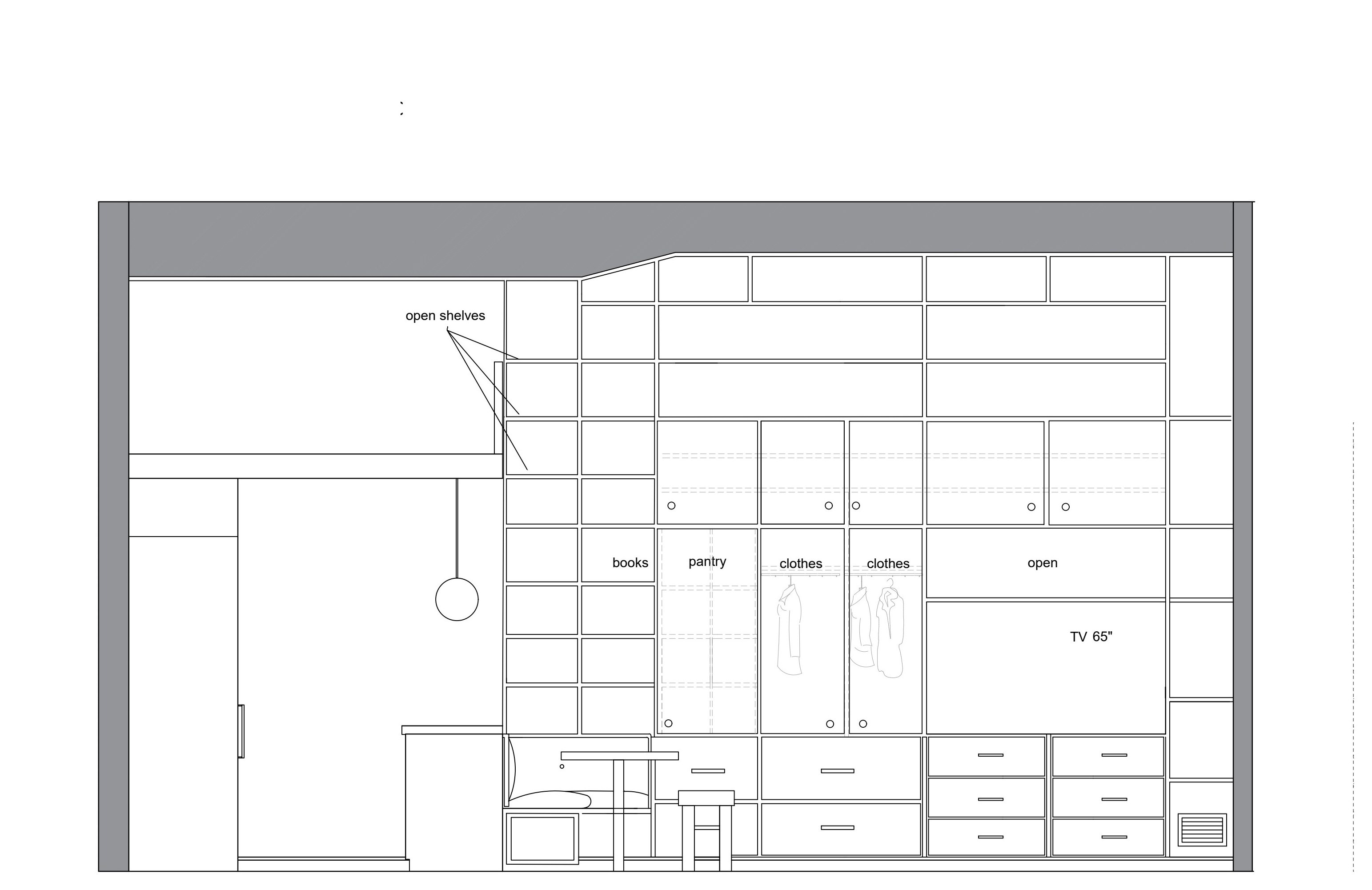 Schematic C elevation — refined millwork layout with open shelves, drawer bank and 65" TV