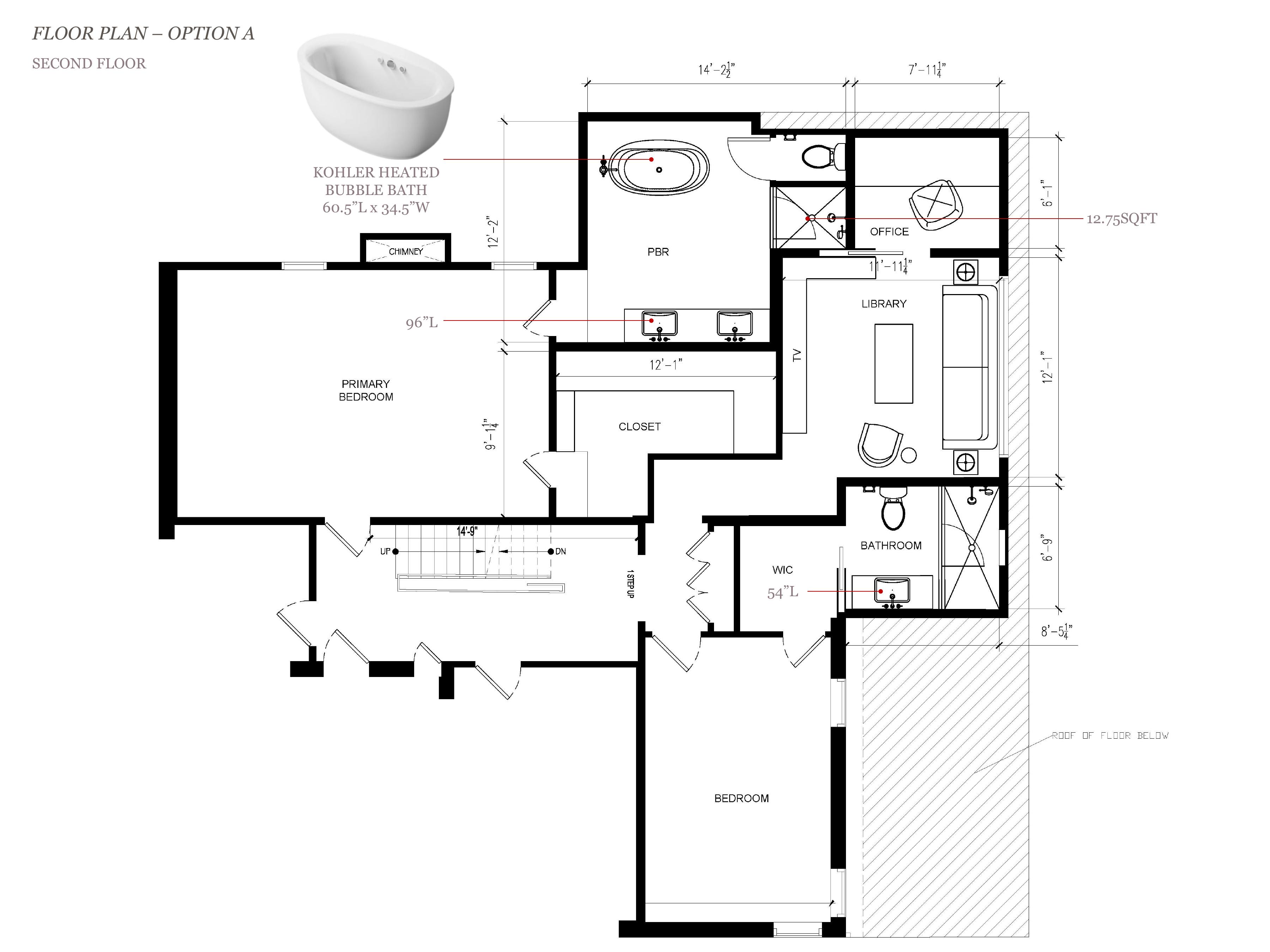 Option A second-floor plan — enclose balcony, expand primary bath, new closet and ensuite