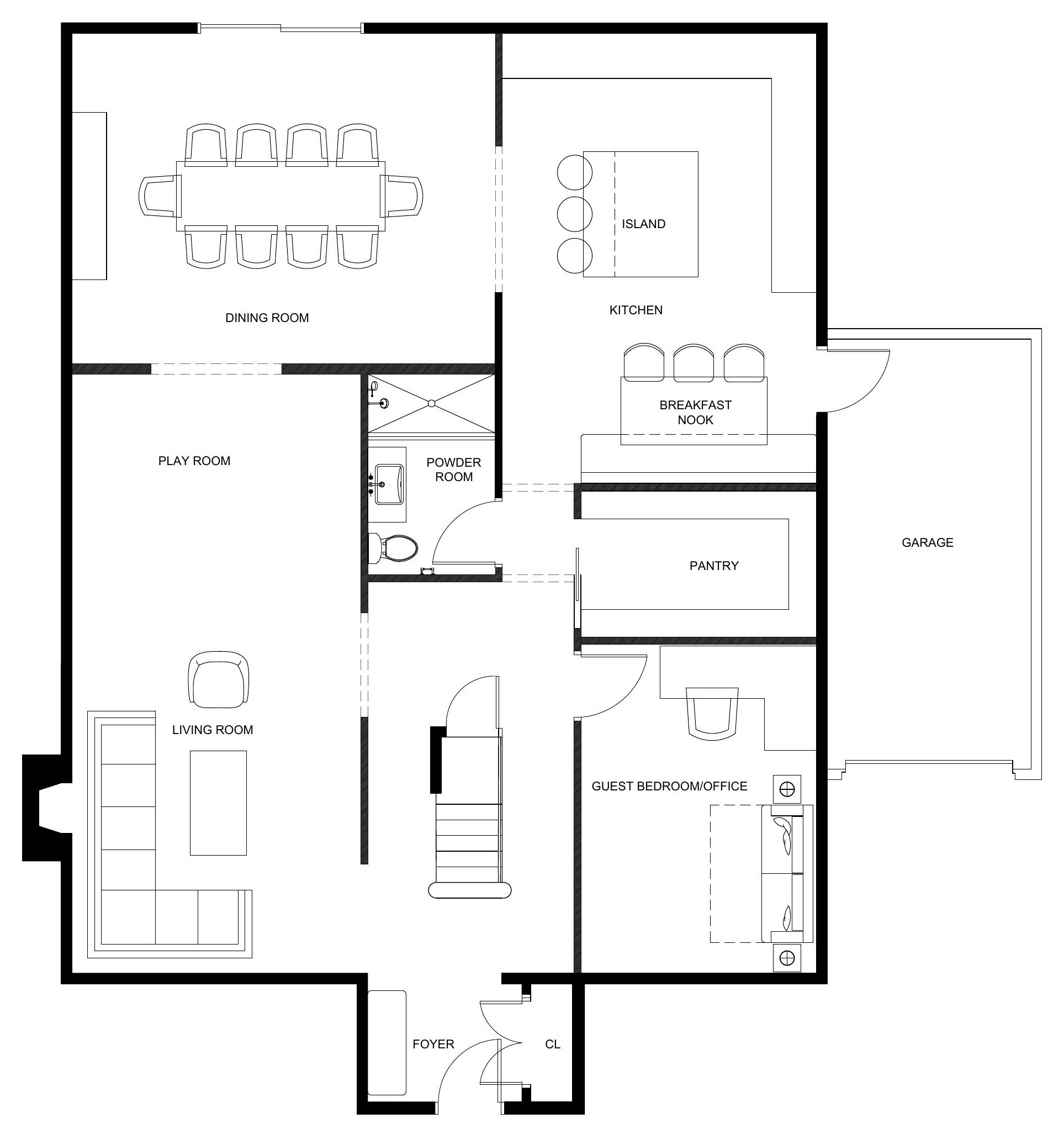 Final first-floor plan — dining, kitchen with island and breakfast nook, pantry, guest bedroom/office, living and play room